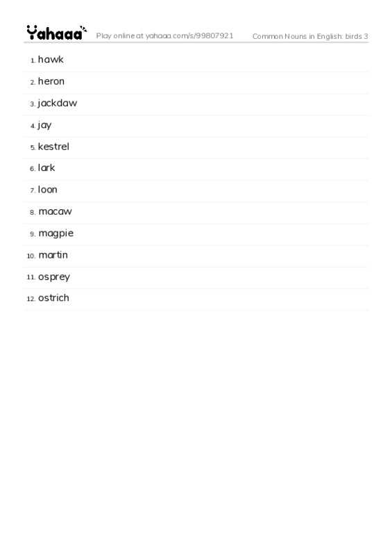Common Nouns in English: birds 3 PDF words glossary
