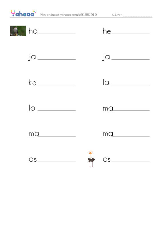 Common Nouns in English: birds 3 PDF worksheet writing row