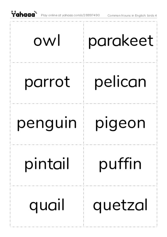 Common Nouns in English: birds 4 PDF two columns flashcards