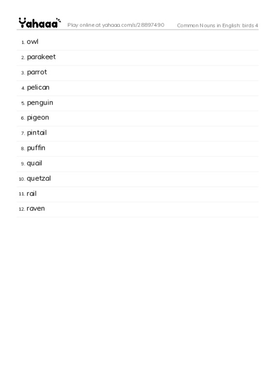 Common Nouns in English: birds 4 PDF words glossary