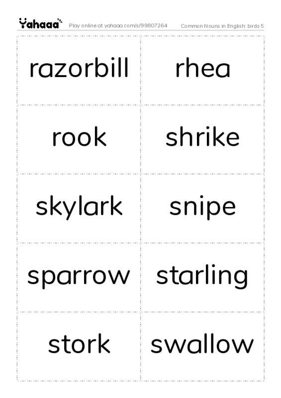 Common Nouns in English: birds 5 PDF two columns flashcards