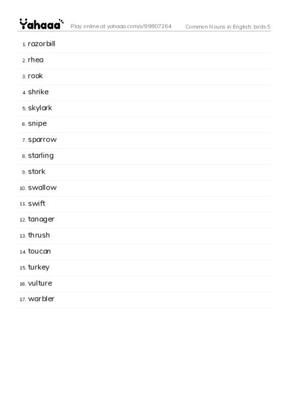 Common Nouns in English: birds 5 PDF words glossary