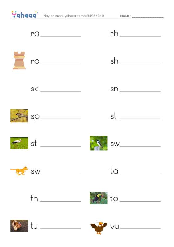 Common Nouns in English: birds 5 PDF worksheet writing row