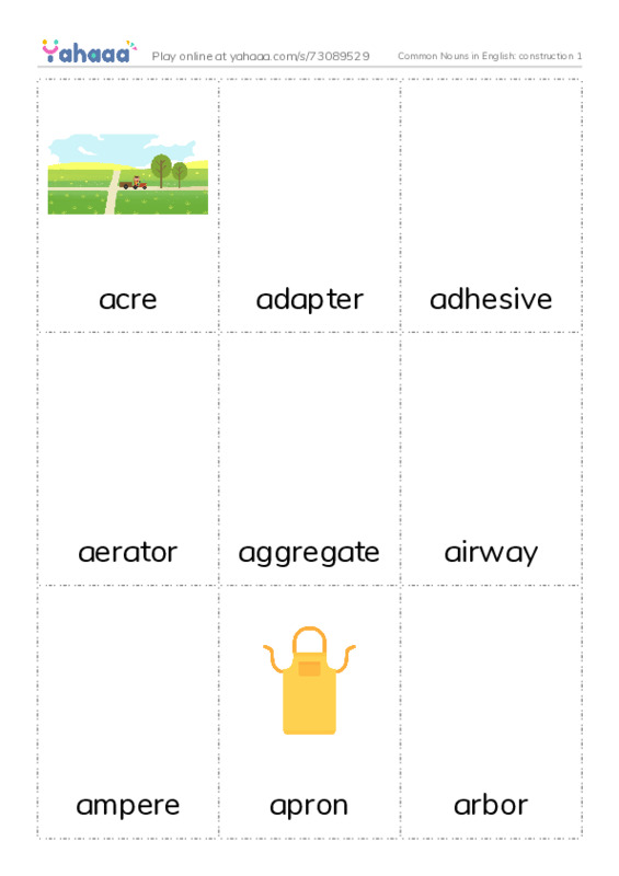 Common Nouns in English: construction 1 PDF flaschards with images