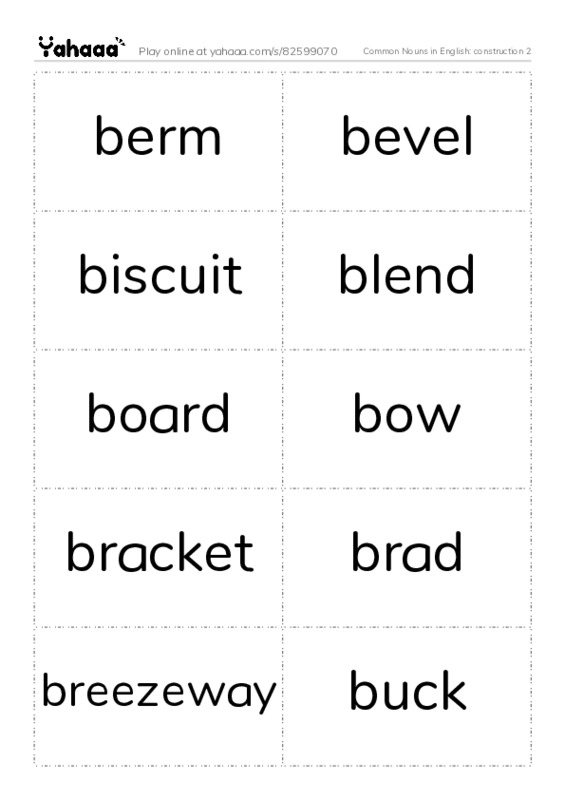 Common Nouns in English: construction 2 PDF two columns flashcards