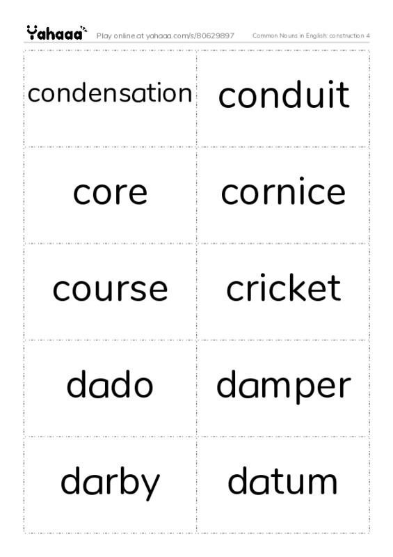Common Nouns in English: construction 4 PDF two columns flashcards