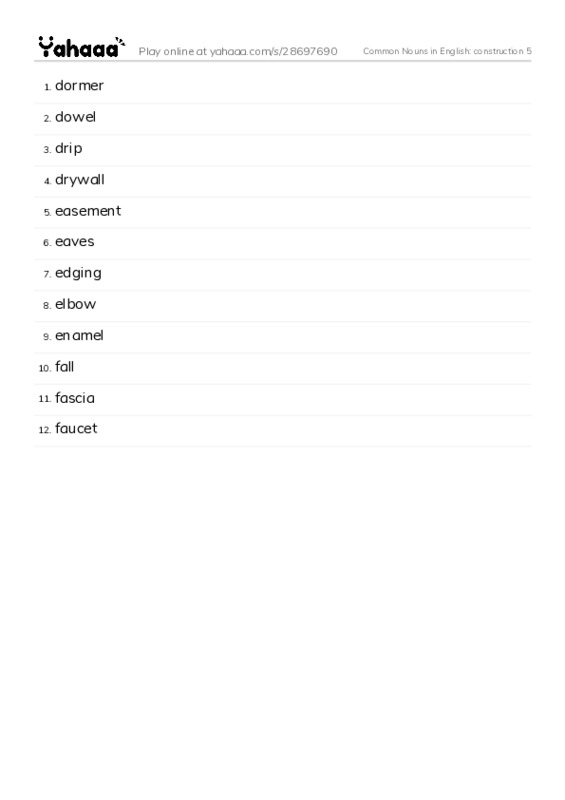 Common Nouns in English: construction 5 PDF words glossary