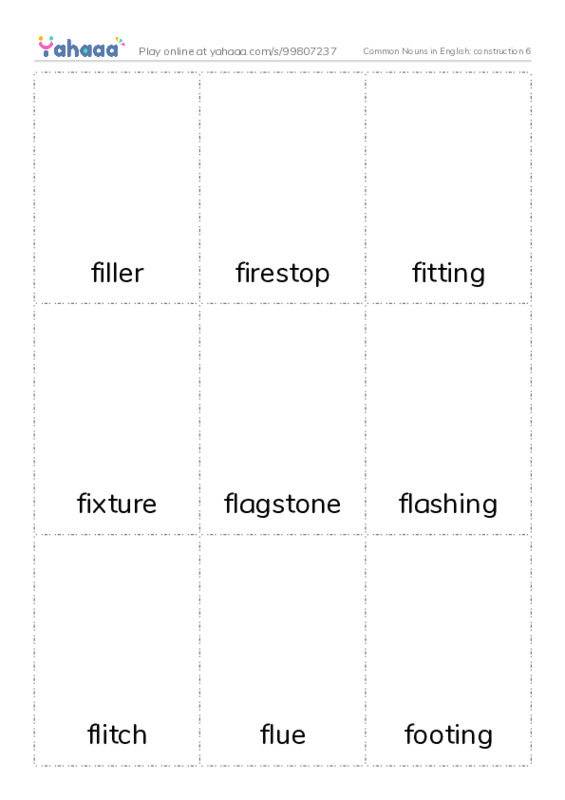 Common Nouns in English: construction 6 PDF flaschards with images