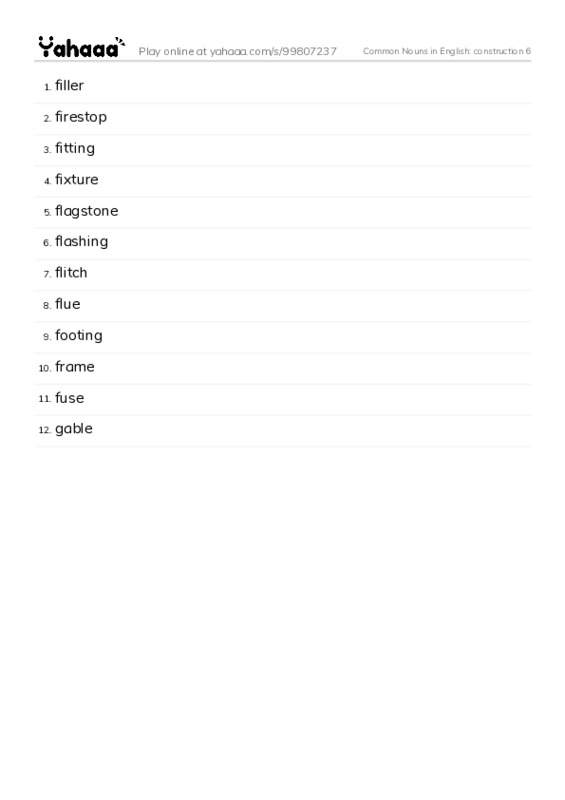 Common Nouns in English: construction 6 PDF words glossary