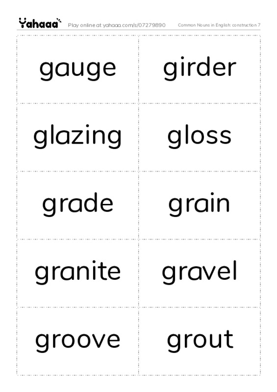 Common Nouns in English: construction 7 PDF two columns flashcards