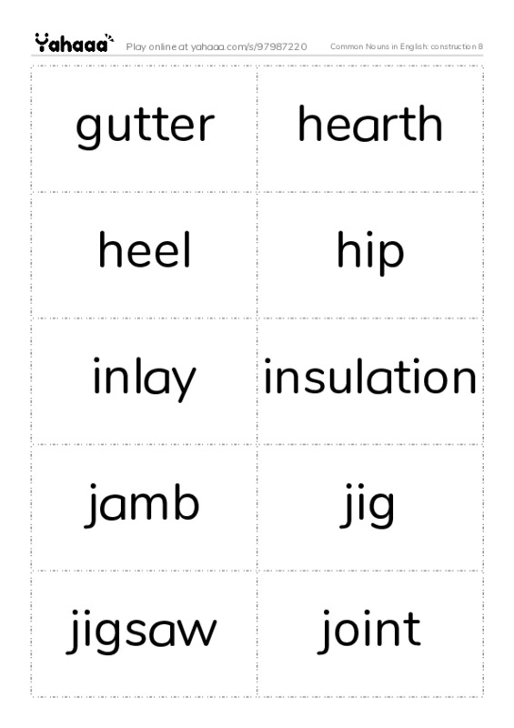 Common Nouns in English: construction 8 PDF two columns flashcards