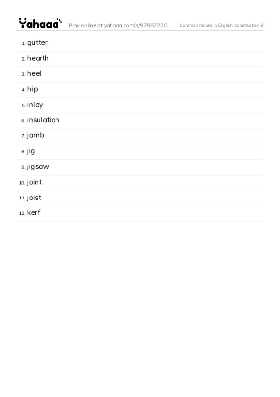 Common Nouns in English: construction 8 PDF words glossary