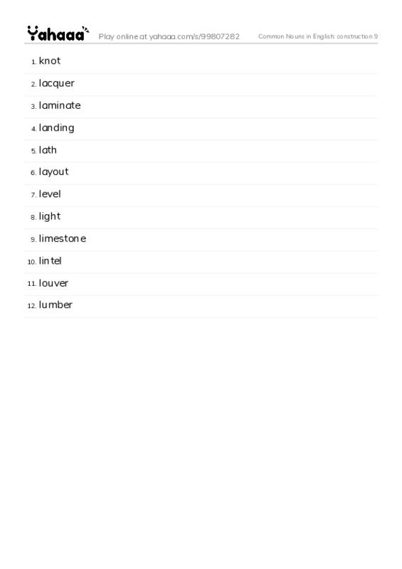 Common Nouns in English: construction 9 PDF words glossary