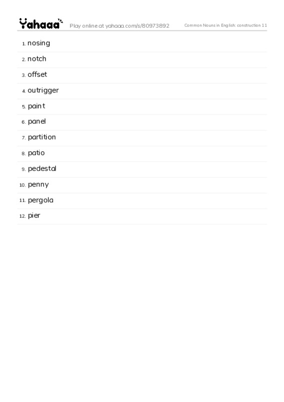 Common Nouns in English: construction 11 PDF words glossary