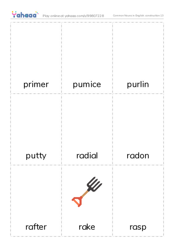Common Nouns in English: construction 13 PDF flaschards with images