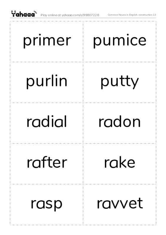 Common Nouns in English: construction 13 PDF two columns flashcards