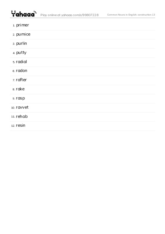 Common Nouns in English: construction 13 PDF words glossary
