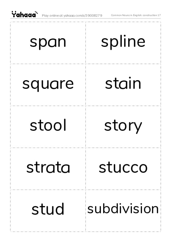 Common Nouns in English: construction 17 PDF two columns flashcards