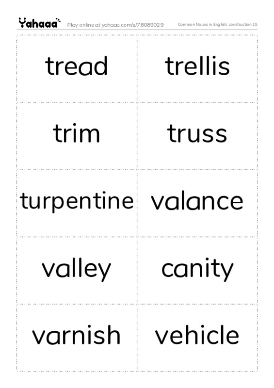 Common Nouns in English: construction 19 PDF two columns flashcards