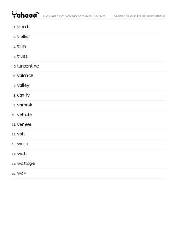 Common Nouns in English: construction 19 PDF words glossary