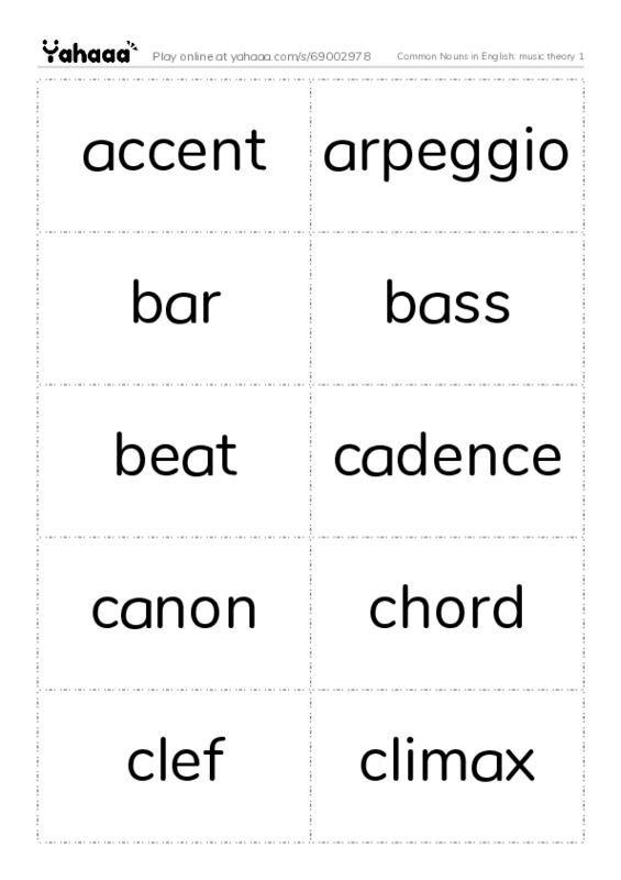Common Nouns in English: music theory 1 PDF two columns flashcards