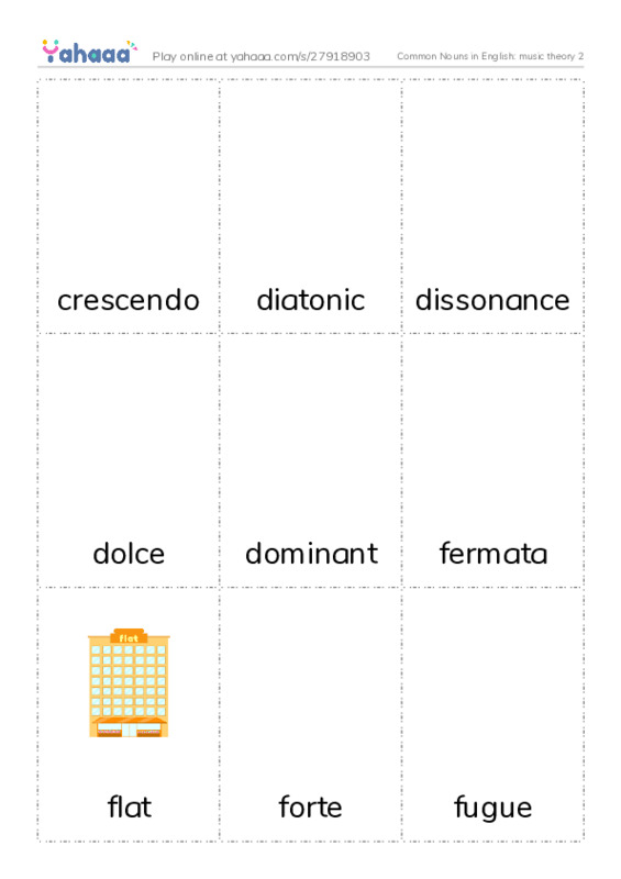 Common Nouns in English: music theory 2 PDF flaschards with images