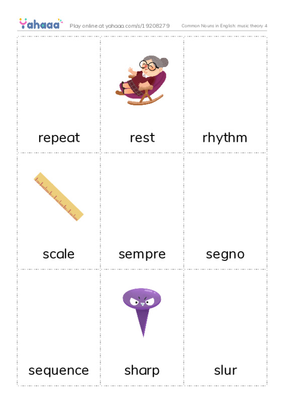 Common Nouns in English: music theory 4 PDF flaschards with images