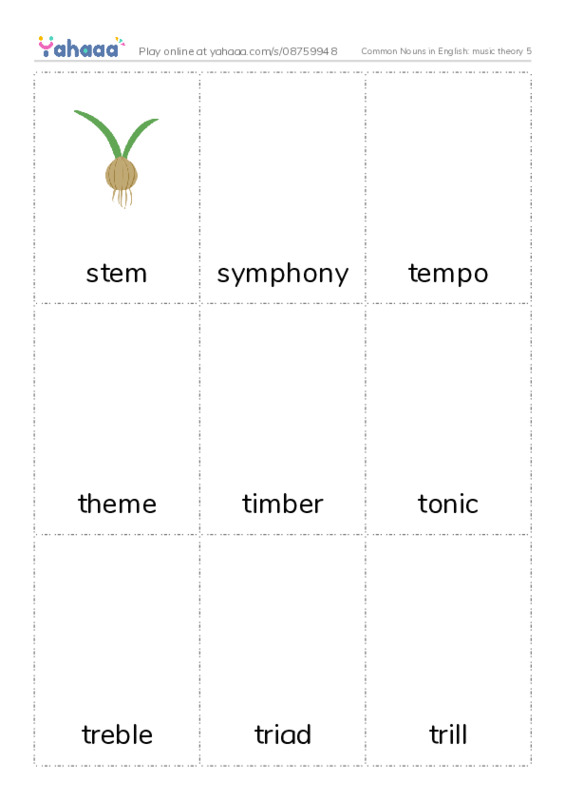 Common Nouns in English: music theory 5 PDF flaschards with images