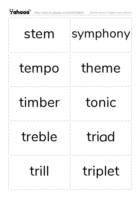 Common Nouns in English: music theory 5 PDF two columns flashcards