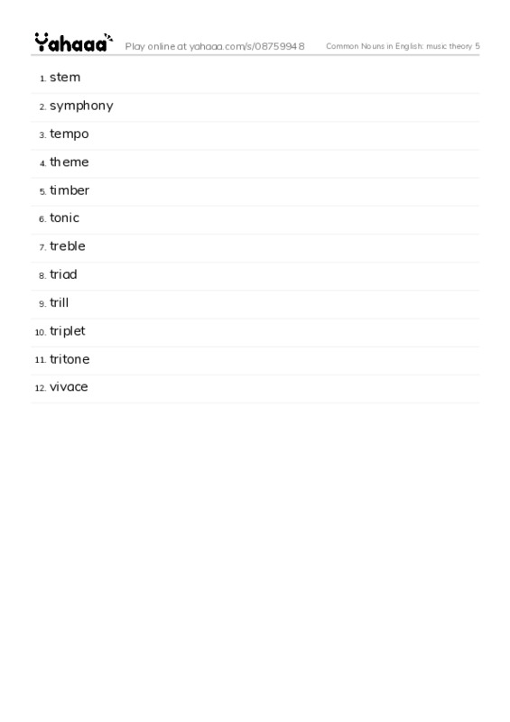 Common Nouns in English: music theory 5 PDF words glossary