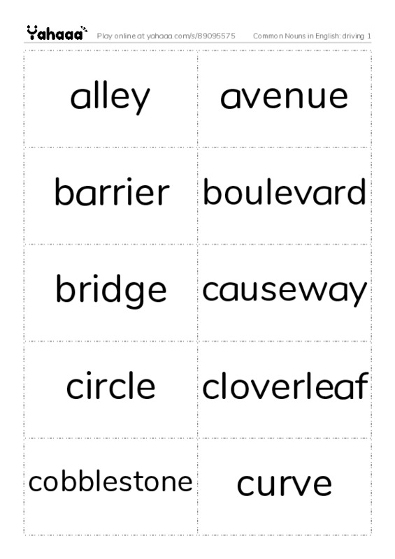 Common Nouns in English: driving 1 PDF two columns flashcards
