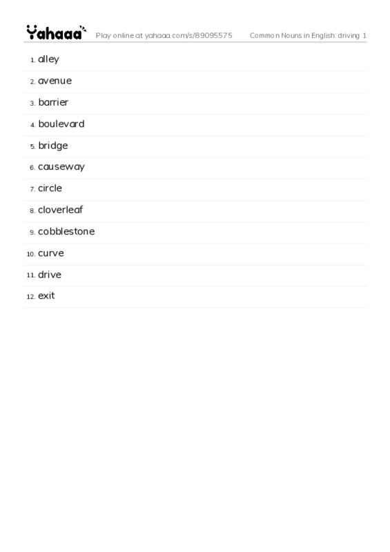 Common Nouns in English: driving 1 PDF words glossary