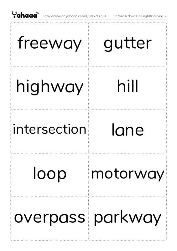 Common Nouns in English: driving 2 PDF two columns flashcards