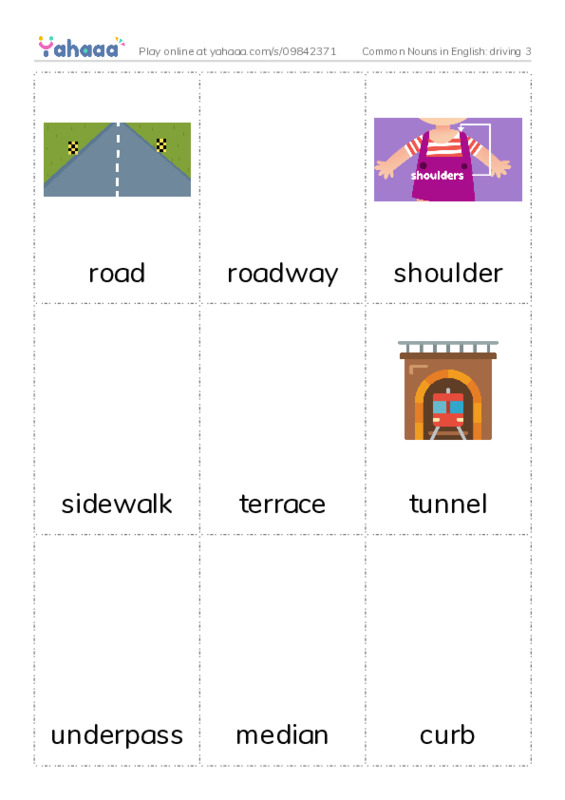 Common Nouns in English: driving 3 PDF flaschards with images