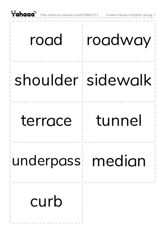 Common Nouns in English: driving 3 PDF two columns flashcards