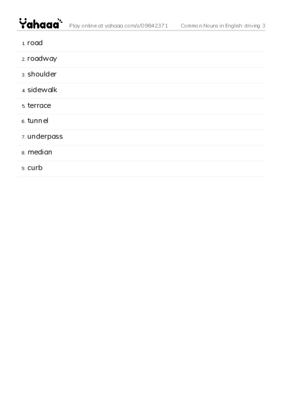 Common Nouns in English: driving 3 PDF words glossary