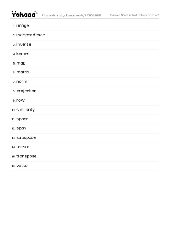Common Nouns in English: linear algebra 2 PDF words glossary