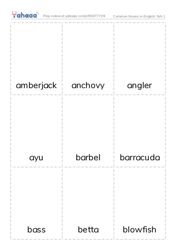 Common Nouns in English: fish 1 PDF flaschards with images