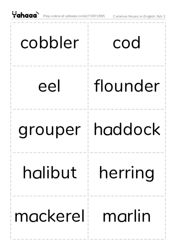Common Nouns in English: fish 2 PDF two columns flashcards