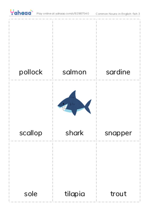 Common Nouns in English: fish 3 PDF flaschards with images