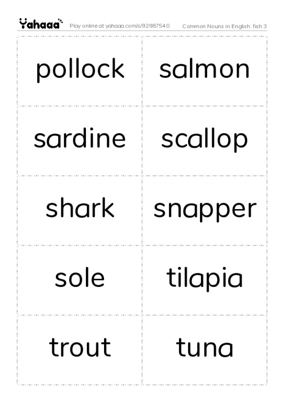 Common Nouns in English: fish 3 PDF two columns flashcards