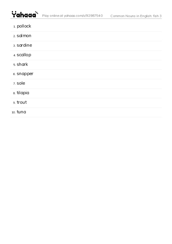 Common Nouns in English: fish 3 PDF words glossary