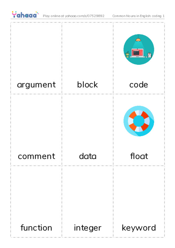 Common Nouns in English: coding 1 PDF flaschards with images