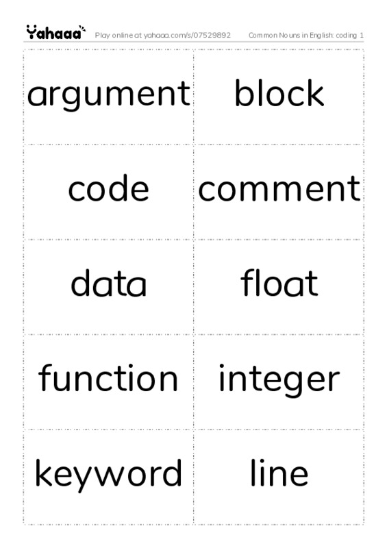 Common Nouns in English: coding 1 PDF two columns flashcards