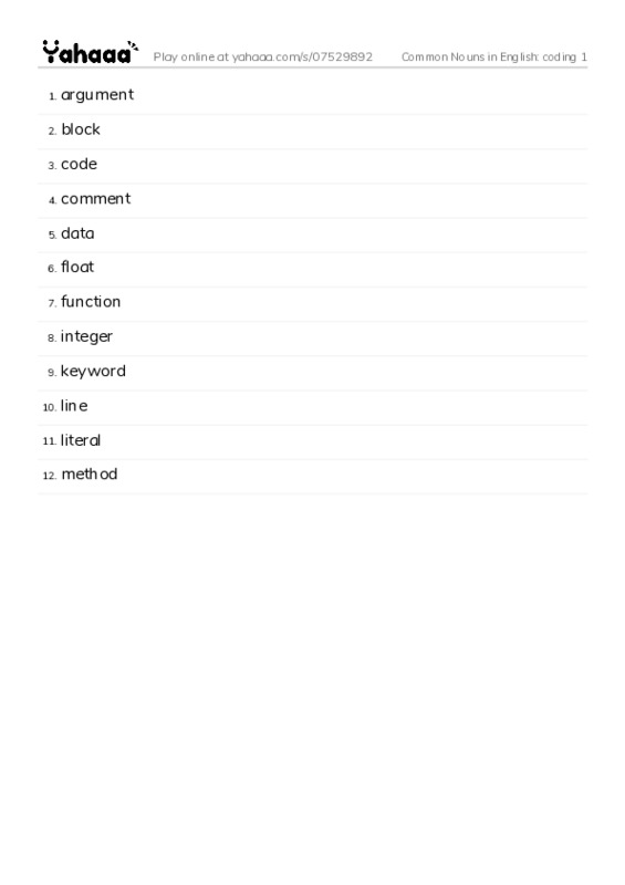Common Nouns in English: coding 1 PDF words glossary