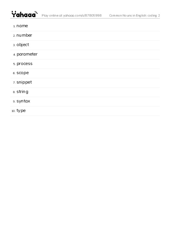 Common Nouns in English: coding 2 PDF words glossary
