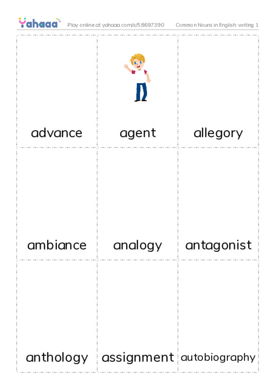 Common Nouns in English: writing 1 PDF flaschards with images