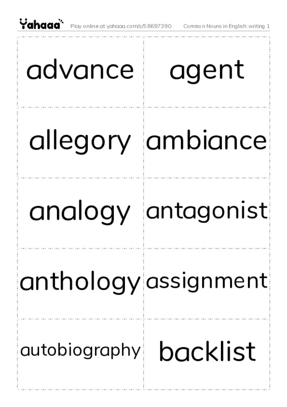 Common Nouns in English: writing 1 PDF two columns flashcards