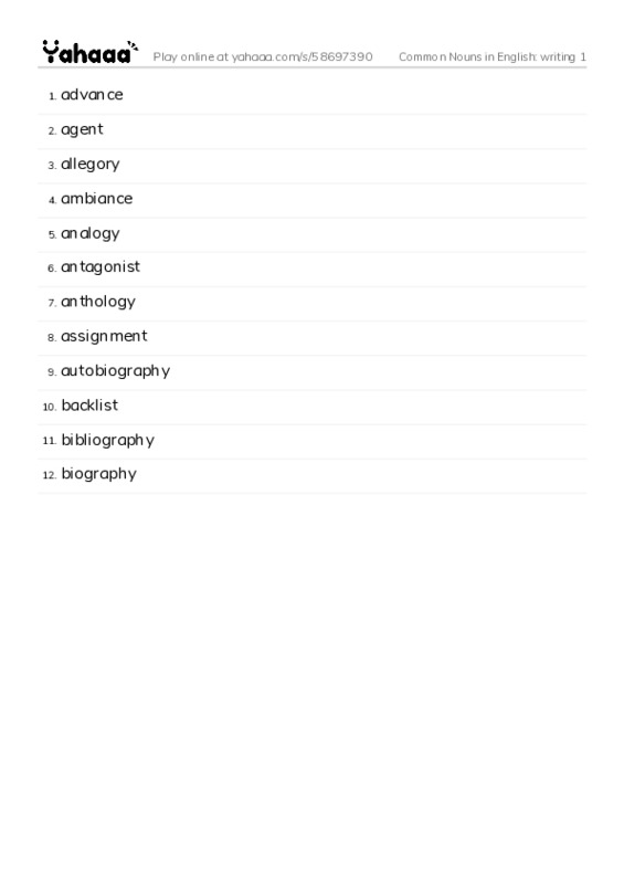 Common Nouns in English: writing 1 PDF words glossary