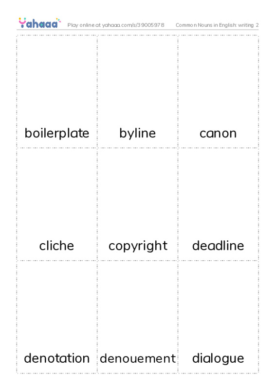 Common Nouns in English: writing 2 PDF flaschards with images